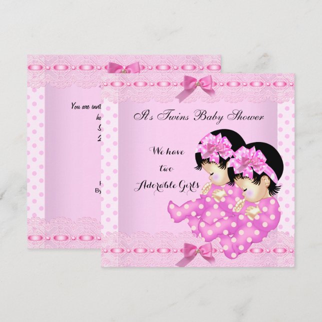 Invitation Twin Girls Baby shower Pois roses (Devant / Derrière)