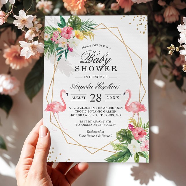 Invitation Twin Girls Baby shower Tropical Floral Flamants ro (Créateur téléchargé)