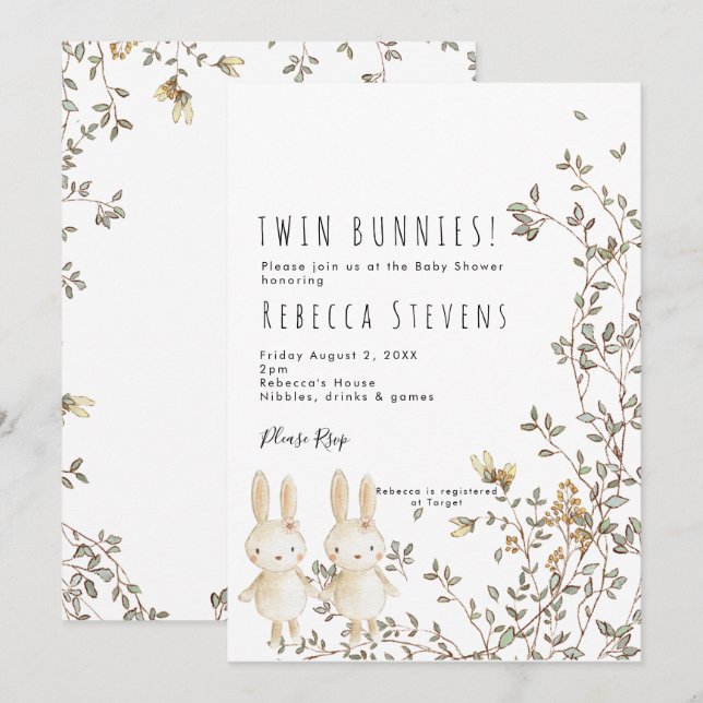 Invitation twin girls bunny fleur sauvage baby shower invitat (Devant / Derrière)