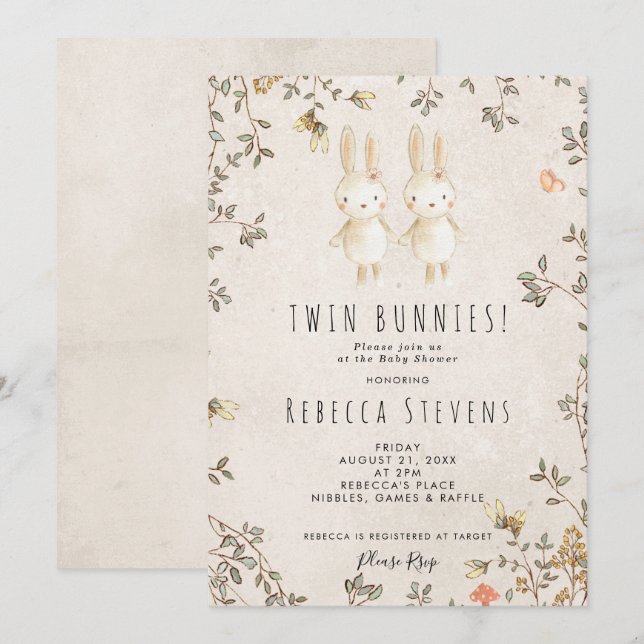 Invitation twin girls bunny fleur sauvage baby shower invitat (Devant / Derrière)