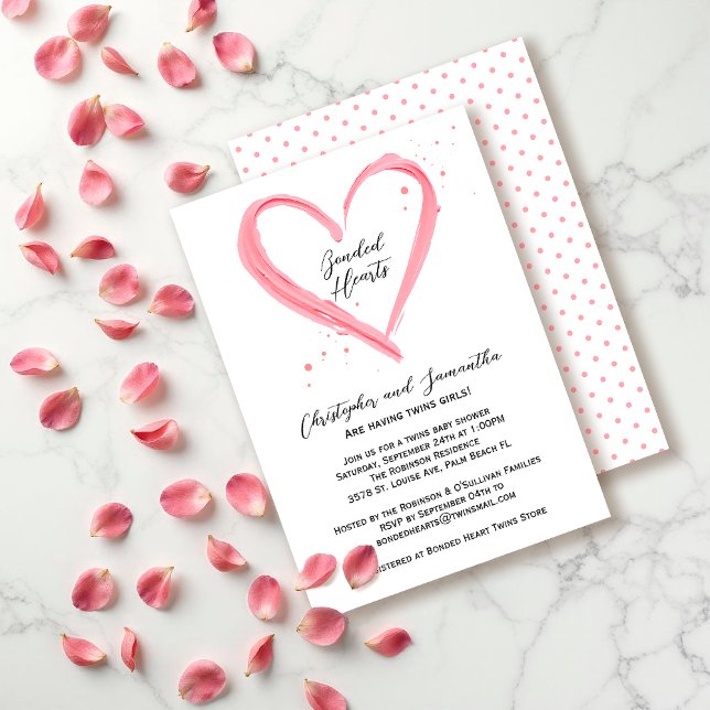 Invitation Twin Girls Élégant Baby shower de coeur rose moder (Créateur téléchargé)
