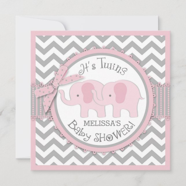 Invitation Twin Girls Elephants Chevron Baby shower d'impress (Devant)