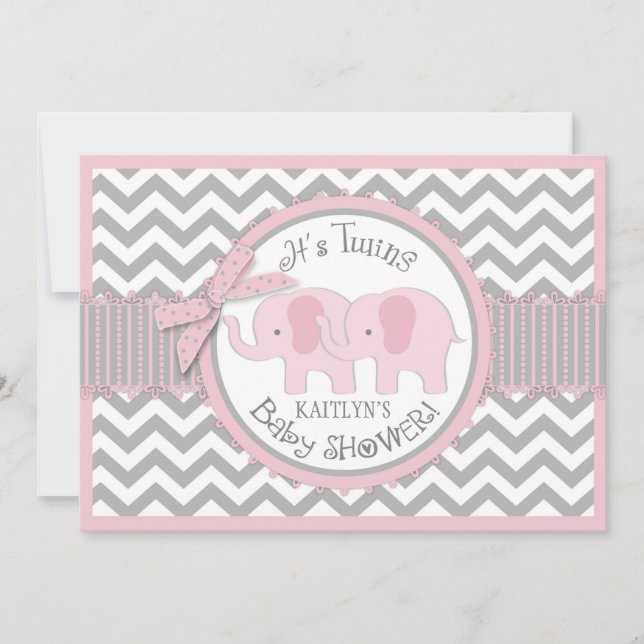 Invitation Twin Girls Elephants Chevron Baby shower d'impress (Devant)