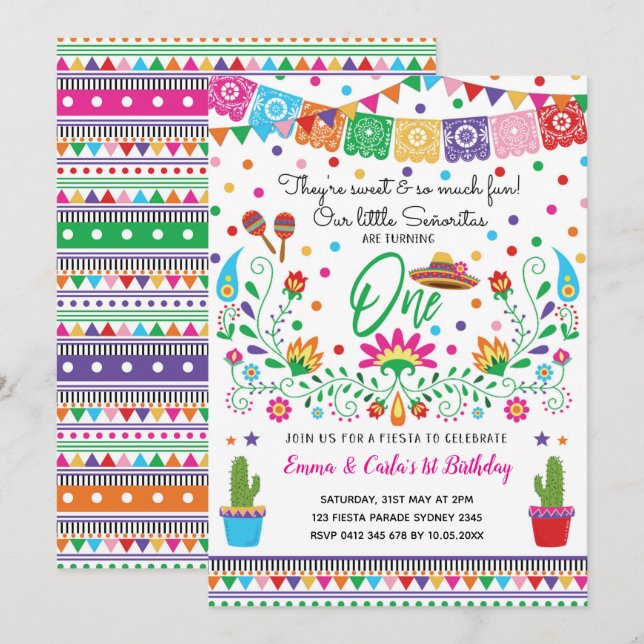Invitation Twin Girls Fiesta Senorita 1er anniversaire (Devant / Derrière)