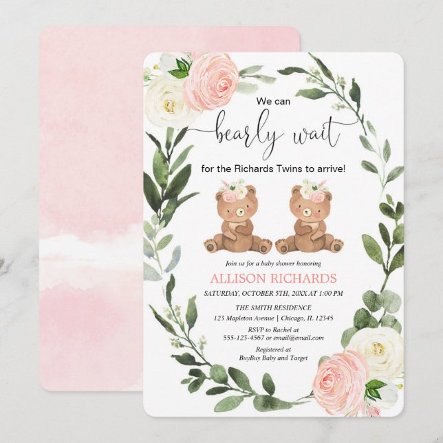Invitation Twin girls mignonne ours en peluche baby shower ro (Devant / Derrière)