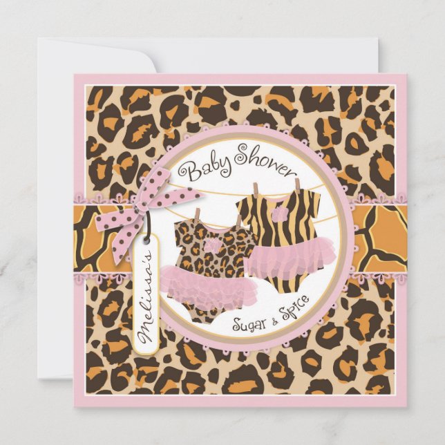 Invitation Twin Girls Pink Tutus Cheetah Baby shower d'impres (Devant)