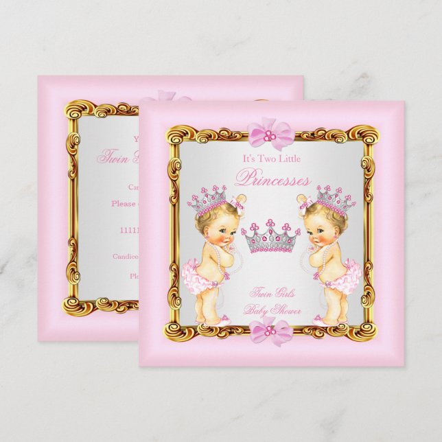 Invitation Twin Girls Princess Baby shower Gold Rose Blonde (Devant / Derrière)