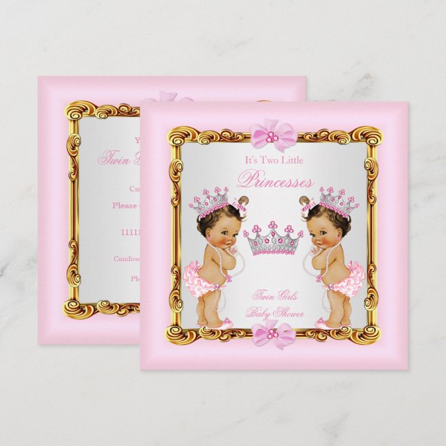 Invitation Twin Girls Princess Baby shower Gold Rose Brunette (Devant / Derrière)