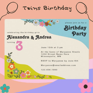 Invitation Twin Girls Retro 70's Floral Birthday Party Invita