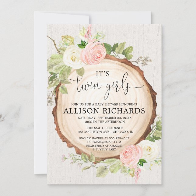 Invitation Twin girls Rustic outdoor girl twins baby shower (Devant)