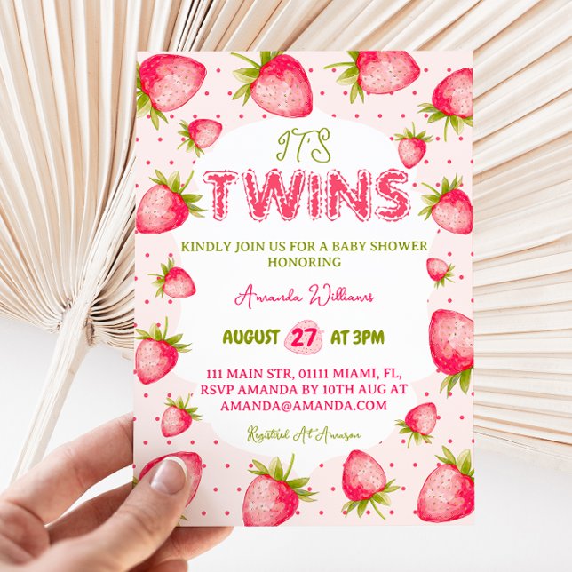 Invitation Twin Girls Strawberry Rose Vert mignonne Baby show (Créateur téléchargé)