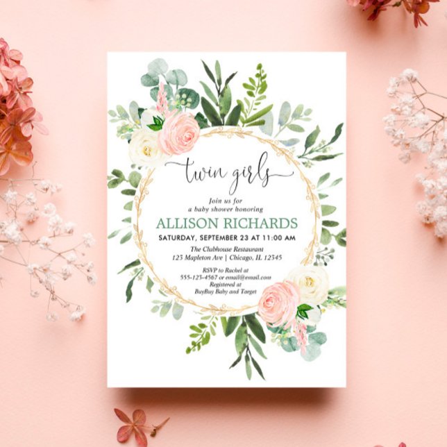 Invitation Twin girls verdure or rose baby shower floral or r (Créateur téléchargé)