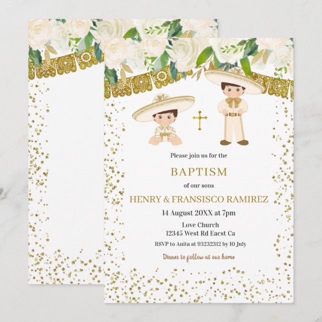 Invitation Twin Gold Charro Boy Baptism Fiesta (Devant / Derrière)