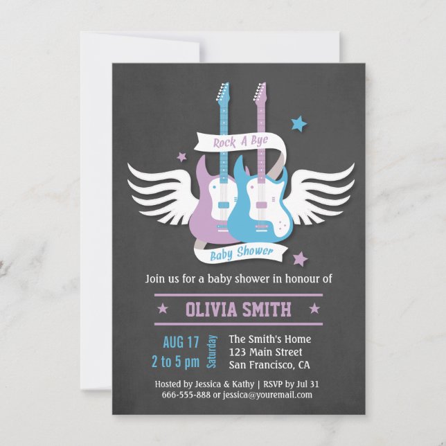Invitation Twin Guitars Rock et Roll Rock a Bye Baby shower (Devant)