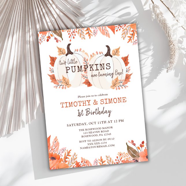 Invitation Twin Kids Floral Citrouille Automne Premier Annive (Créateur téléchargé)