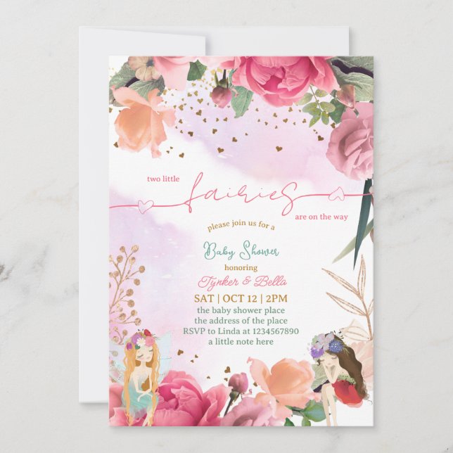 Invitation Twin Little Fairy Baby Girl Douche (Devant)