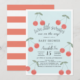 Invitation Twin Little Sweeties Cerises Baby shower bleu