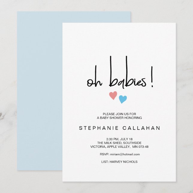 Invitation Twin Oh Babies Baby shower Coeurs bleu et rose (Devant / Derrière)