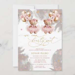 Invitation Twin Teddy Bear Nous Pouvons Attendre Baby shower