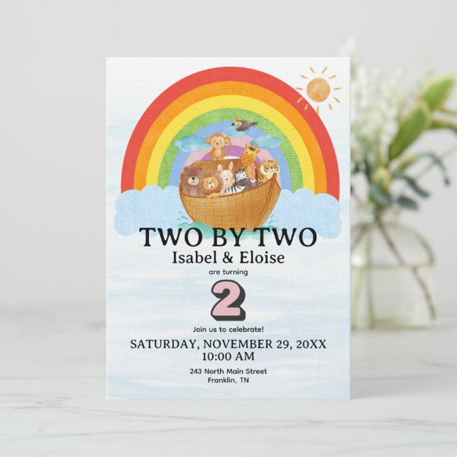 Invitation TWIN Two by Two Noah's Ark Girl Birthday Invite (Debout devant)