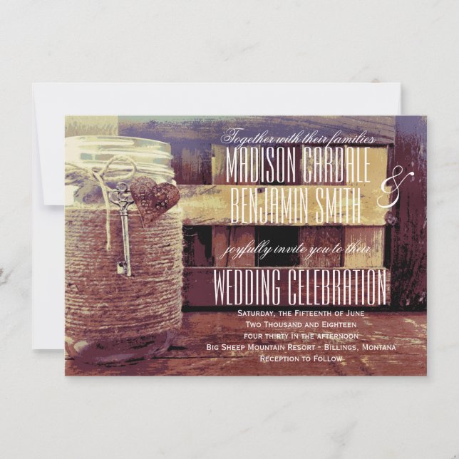 Invitation Twine Enveloppé Mason Jar Mariage clé coeur invite (Devant)