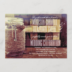 Invitation Twine Enveloppé Mason Jar Mariage clé coeur invite