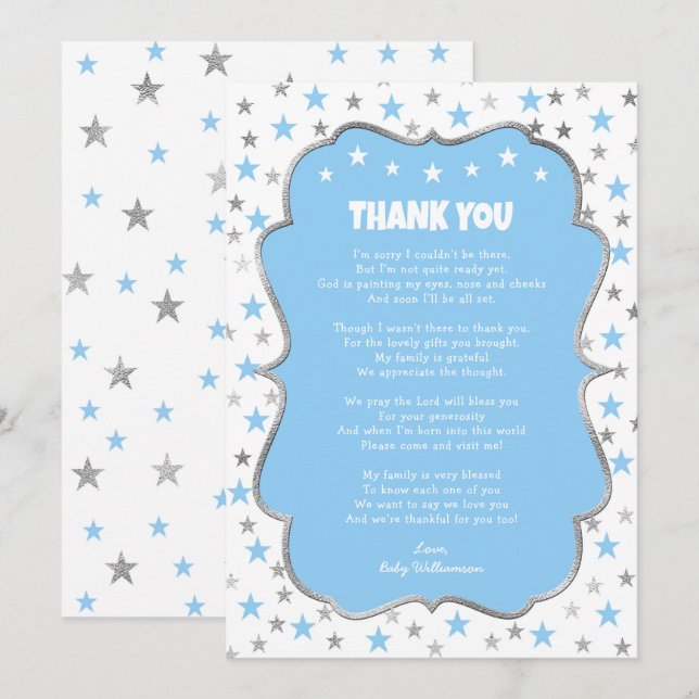 Invitation Twinkle argent étoiles bébé bleu garçon merci note (Devant / Derrière)