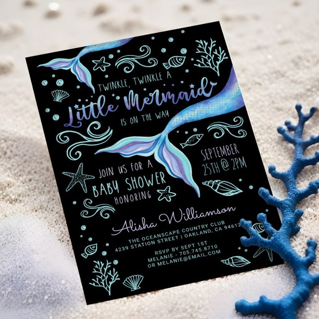 Invitation Twinkle Iridescente Ocean Mermaid Black (Twinkle Twinkle Iridescent Ocean Mermaid Black Invitation)