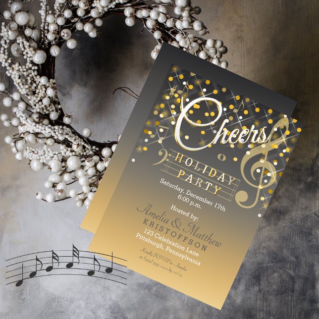 Invitation Twinkle Lights Musique Thème de fête de vacances (Cheers Christmas Holiday Party in Gray and Gold Tone)