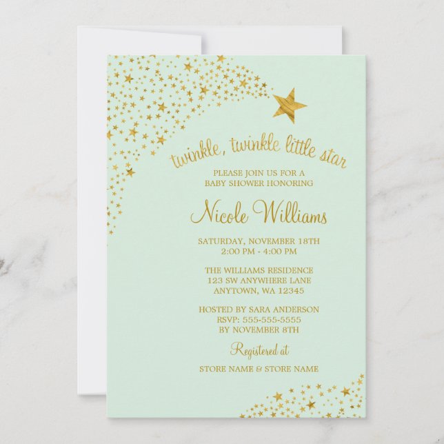 Invitation Twinkle Little Shooting Star Gold Mint Baby shower (Devant)