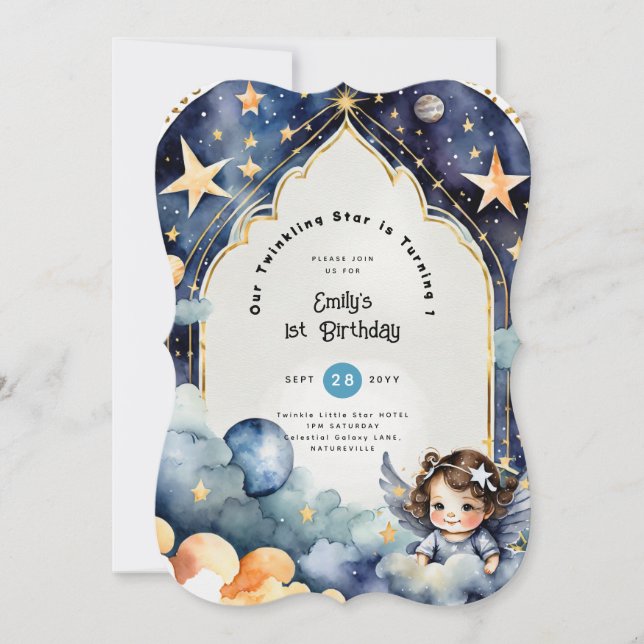 Invitation Twinkle Little Star 1er anniversaire, fille BABY S (Devant)