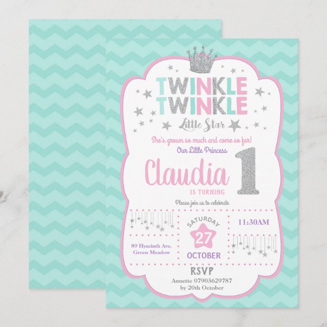 Invitation Twinkle Little Star 1er Anniversaire Princesse (Devant / Derrière)