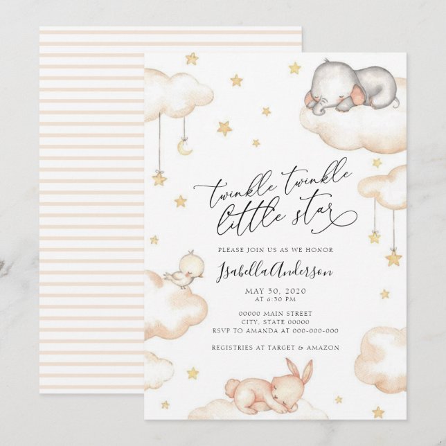 Invitation Twinkle Little Star Animals Baby shower neutre (Devant / Derrière)