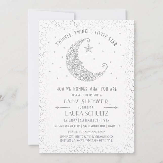 Invitation Twinkle Little Star Baby shower Argent (Devant)