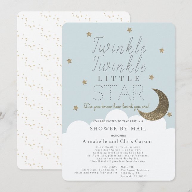 Invitation Twinkle Little Star Baby shower bleu par courrier (Devant / Derrière)