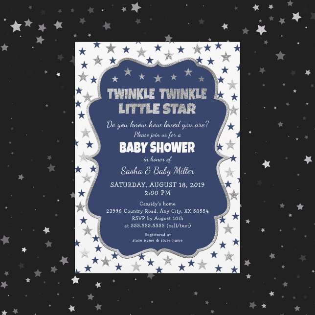 Invitation Twinkle Little Star Baby shower marine argent invi (Créateur téléchargé)