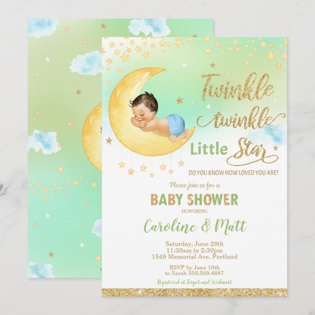 Invitation Twinkle Little Star Baby shower Sexe neutre (Devant / Derrière)