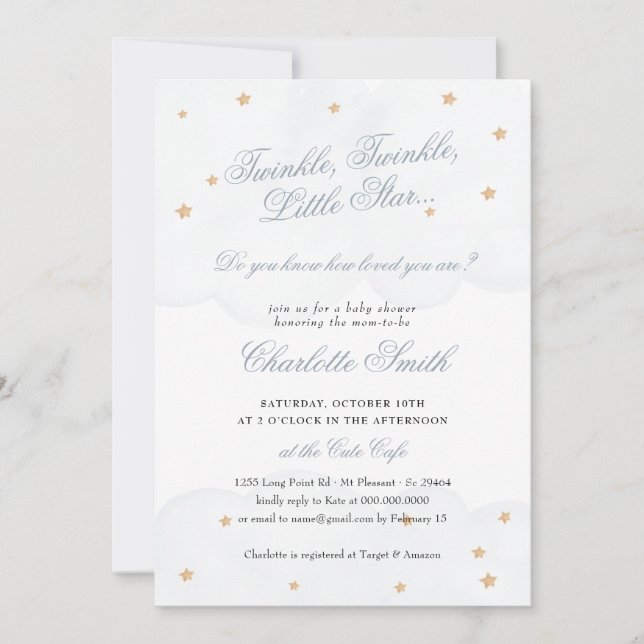 Invitation Twinkle Little Star Blue Cute Baby shower élégant (Devant)