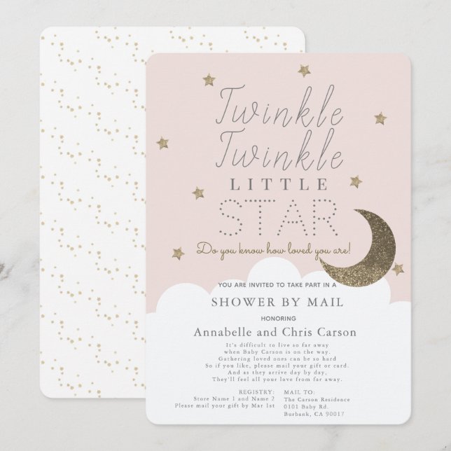 Invitation Twinkle Little Star Blush Baby shower rose par cou (Devant / Derrière)