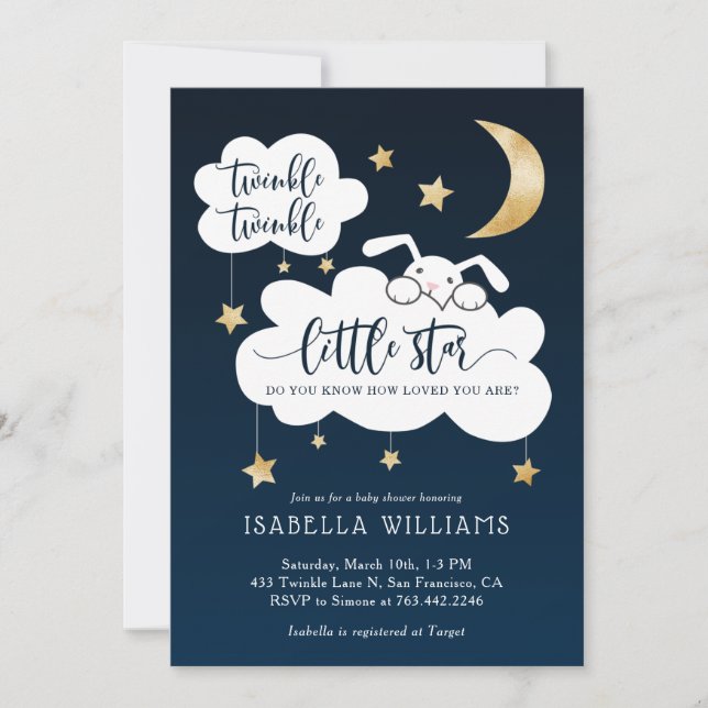 Invitation Twinkle Little Star Bunny Baby shower garçon (Devant)