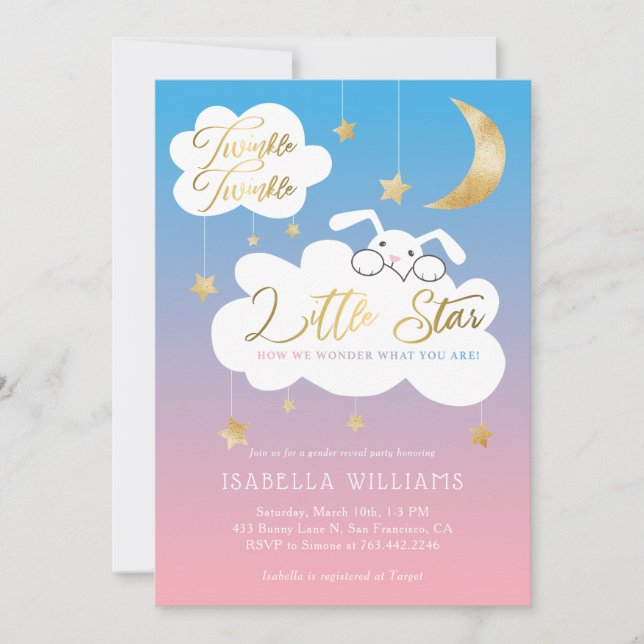 Invitation Twinkle Little Star Bunny Genre Reveal Party (Devant)