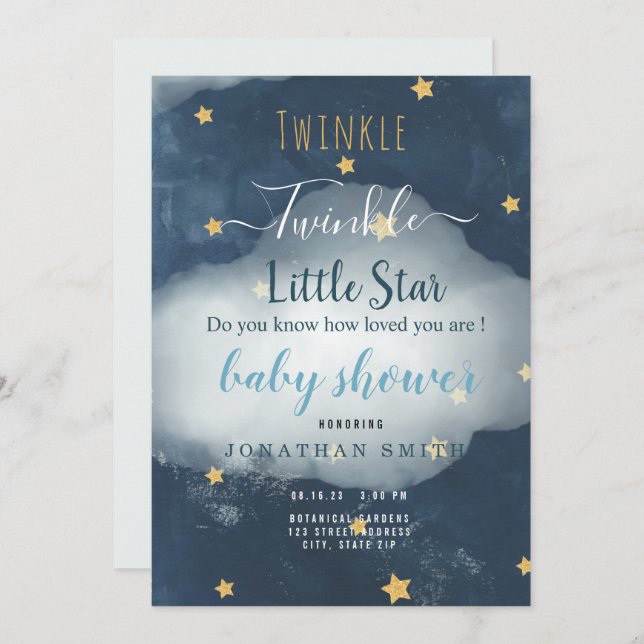 Invitation Twinkle Little Star & Cloud Baby shower (Devant / Derrière)