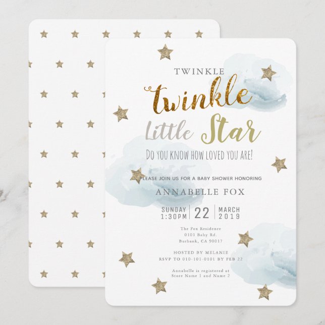 Invitation Twinkle Little Star & Cloud Baby shower (Devant / Derrière)