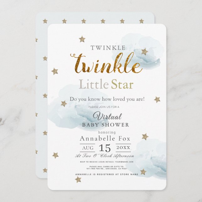 Invitation Twinkle Little Star Cloud Blue Baby shower virtuel (Devant / Derrière)