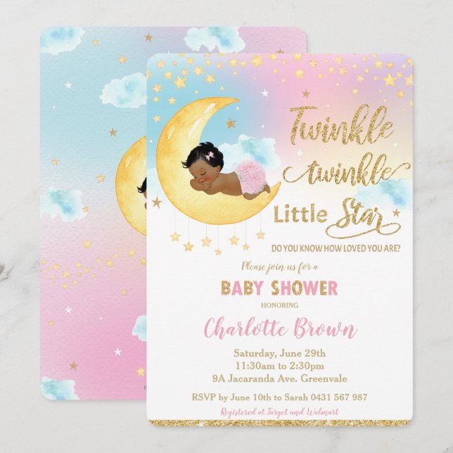 Invitation Twinkle Little Star Cute Little Girl Baby shower (Devant / Derrière)