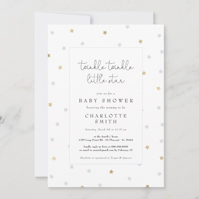 Invitation Twinkle Little Star Elegant Baby shower gris or (Devant)