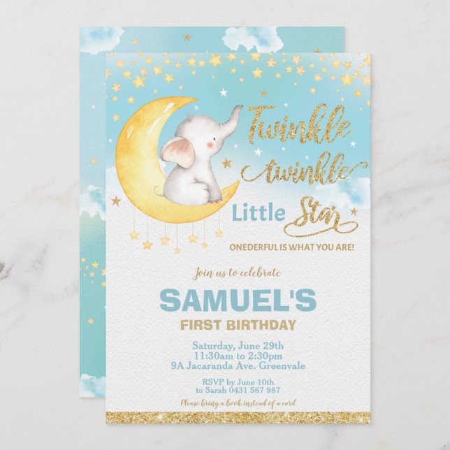 Invitation Twinkle Little Star Elephant 1er Birthday Boy (Devant / Derrière)