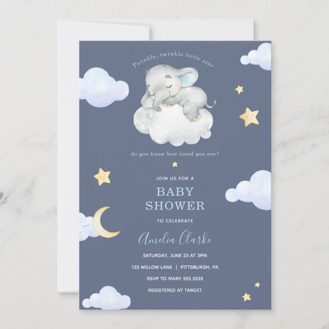 Invitation Twinkle Little Star Elephant Baby shower (Devant)
