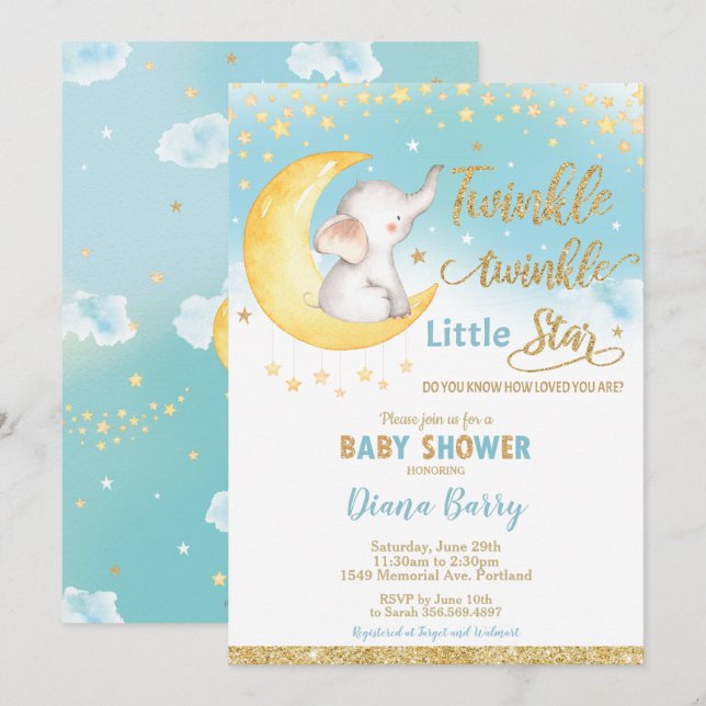 Invitation Twinkle Little Star Elephant Baby shower garçon (Devant / Derrière)