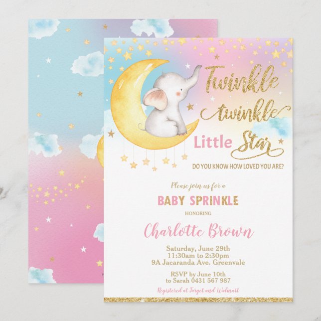 Invitation Twinkle Little Star Elephant Baby Sprinkle Girl (Devant / Derrière)